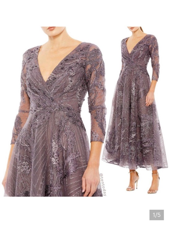 Mac Duggal Dresses & Skirts - Mac Duggal Size 12 Purple Embellished 3/4 Long Sleeve V-Neck Midi Tea Dress Gown